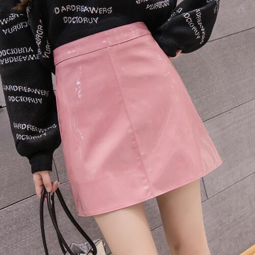 2021 Autumn & Spring New Arrival Patent Leather Mirror Candy PU Leather Skirt High Waist Solid Slim A-line Skirt Free Shipping