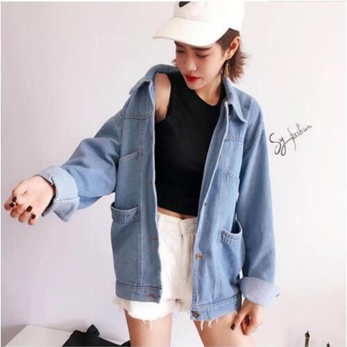 Harajuku Women Denim Jacket Loose Coat Casual Vintage Denim Female Outwear 2019 Solid Color Single Breasted Jacket HC026