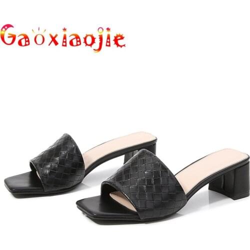 2021 Summer New Fashion Weave Vamp Women Slippers Sexy Square Toe 4.5CM Thick Heel Sandals Leisure Home Party High Heel Shoes