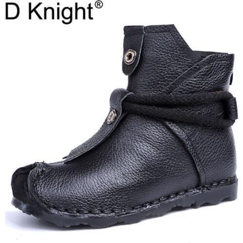 Vintage Genuine Leather Women Casual Ankle Boots Fashion Round Toe Handmade Leather Warm Snow Boots Ladies Mother Winter Shoes