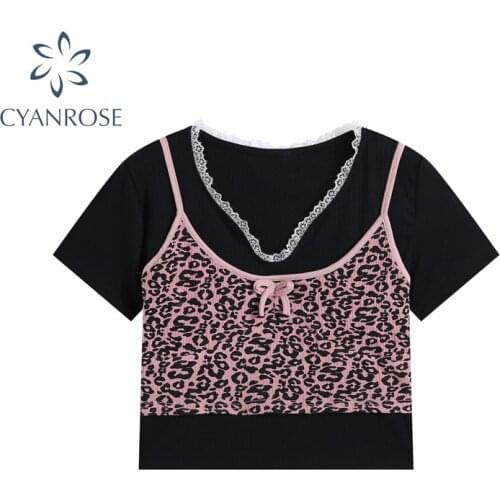 Streetwear Sexy Women Suits 2021 Summer Pink Leopard Print Exposed Short Suspender + Lace Edge E-girl Short Sleeve T Shirts