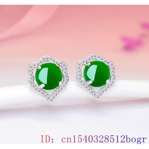 Jade Heart Ear studs Natural Earring Jewelry Chalcedony Green Gifts Amulet Women Fashion 925 Silver
