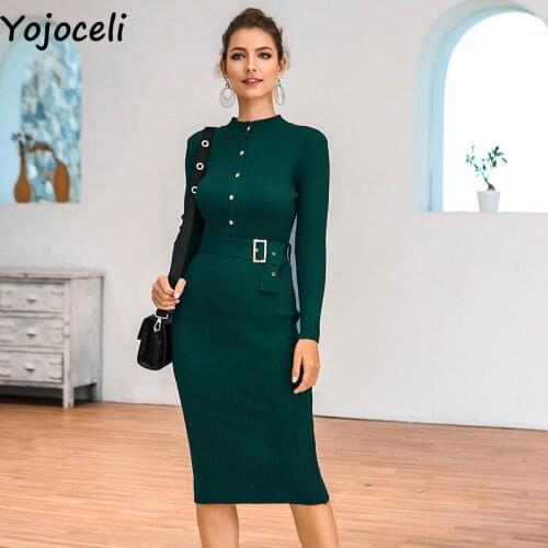 Yojoceli Sexy button sashes bodycon dress Autumn winter women sweater dress Warm soft knee length knitted dress vestidos