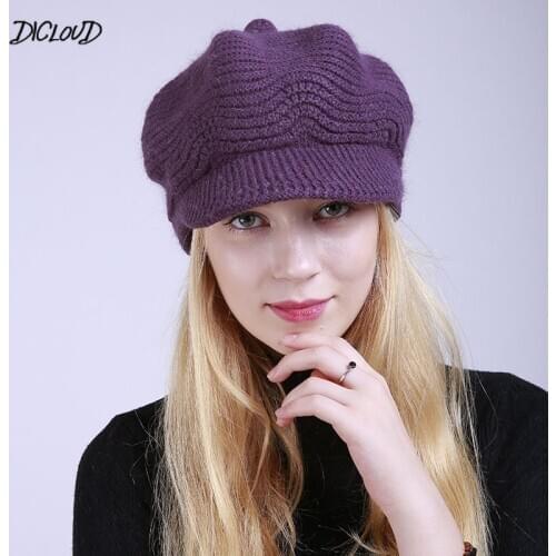 Winter Solid Plus Velvet Hat Women Fashion 100% Merino Wool Newsboy Cap Winter Hats Visor Beret Cold Weather Knitted Caps