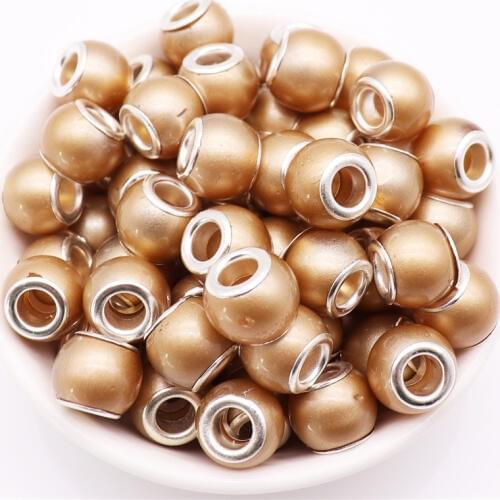 10Pcs/Lot Gold Round Pearl Big Hole Beads DIY Spacer Glass Crystal Beads fit Pandora Bracelet DIY Necklace for Jewelry Making