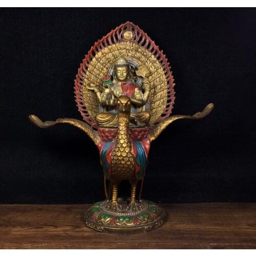 11" Tibet Buddhism Old bronze Painted Peacock King Buddha Statue Buddha Mother Great Peacock King Dara Bodhisattva Enshrine