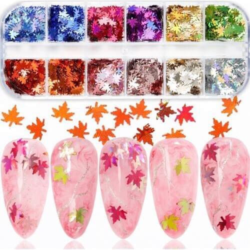 12Grids/Set Holo Maple Leaves Nail Art Decorations Yellow Red Sequins Chameleon Stickers Nail Glitter Flakes Autumn Design Decor
