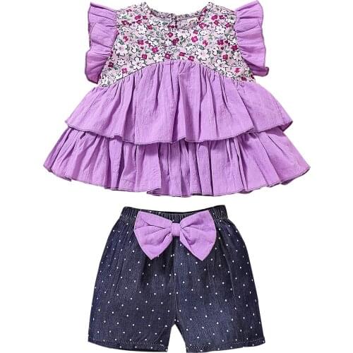 2 Pcs Infant Summer Outfits, Baby Girls Layered Flower Print Fly Sleeve Round Neck Tops + Polka Dot Bowknot Shorts -4T