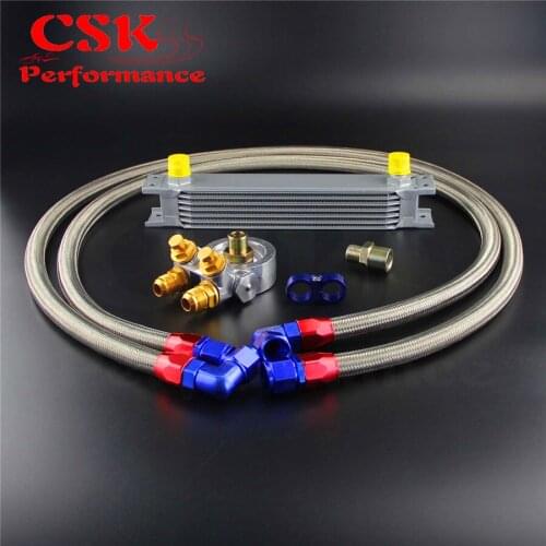 7 Row Thermostat Adaptor Engine Racing Oil Cooler Kit For Car/Truck Silver / Black