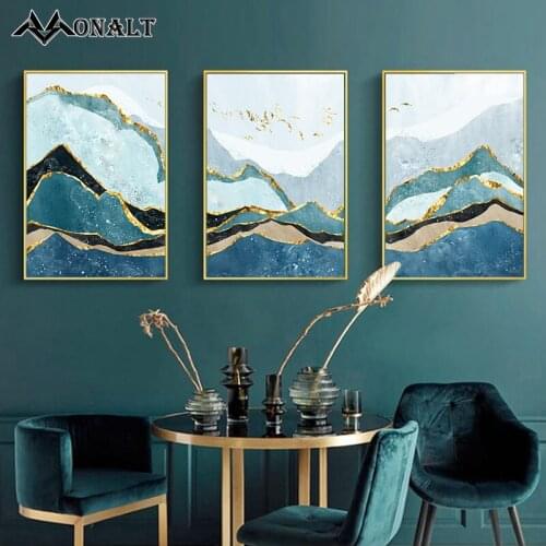 Blue Mountain Gold Bird Abstract Art Print Natural Landscape Decorative Painting for Living Room Modern Canvas Wall Pictures
