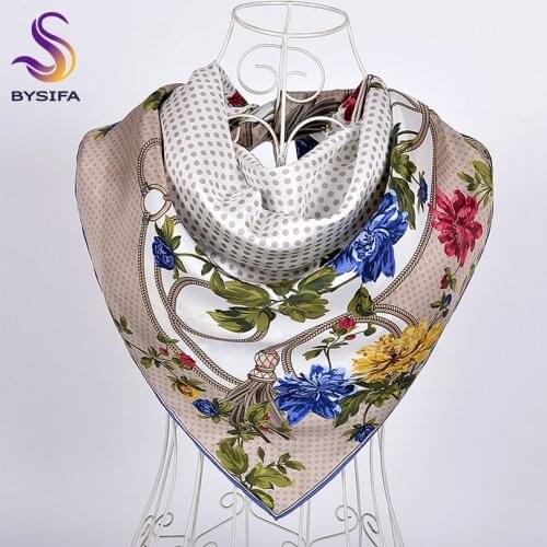 [BYSIFA] Silk Scarf New Elegant Polka Dot Peony Design Twill Square Scarves Shawls Fall Winter Grey White Scarfs Foulard Femme