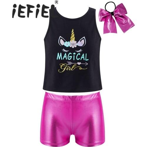 Kids Girls Ballet Dance Outfits Party Costumes Cartoon Horse Print Vest with Shiny Shorts and Headband for Stage Performance
