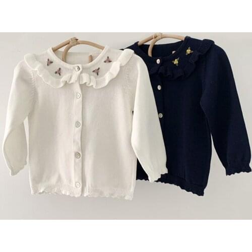 Peter Pan Collar Baby Girls Cardigan Autumn Spring Knitted Thin Cute Ins Style Sweater Children Clothing 2021 Knitting Outwear