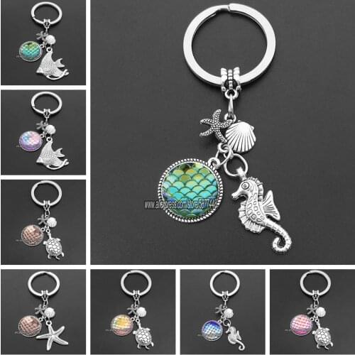 Summer Beach Glass Keychain Fish Scale Starfish Shell Key Chain Seahorse Key Ring Cute Marine Animal Key Holder for Girl and Boy