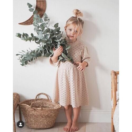 Kids Fashion Casual Cotton Knitted Dress Sweet Baby Girl Solid Color Hollow Out O Neck Children Princess Autumn Vestido 1-7Years