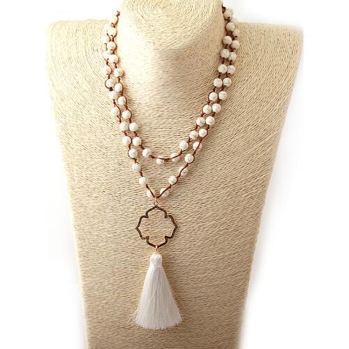 Fashion Bead Cord Weaving Tassel Necklace Bohemian Jewelry long with gold flower charm Necklace white Natural Stone Halsband