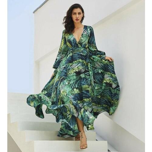 Fashion Women New Floral Printed Long Maxi Dress Summer Beach Plus Size Holiday Green Dresses Printed Beach Chiffon Maxi Dress