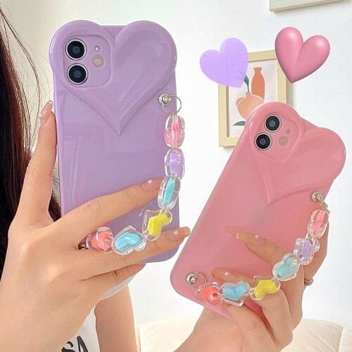Fashion 3D Love Heart Crystal Wrist Chain Phone Case For iPhone 12 Pro Max XS MAX 11 Pro Max XR XS 7 8 Plus TPU Silicone Shell