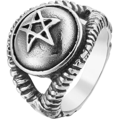 New Stars Mens Retro Personality Pentagram Satanism Five-Pointed Star Silver Tone 316L Stainless Steel Signet Ring drop shipping
