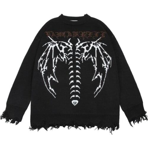 Men Oversized Sweaters Dark Skull Jacquard Couple Loose Pullovers High Street Lazy Style Hem Destruction Sweater pull homme 2021