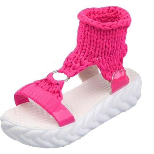 2020 summer new thick bottom womens sandals knitted wool muffin bottom casual wild high-heeled plus size womens shoes