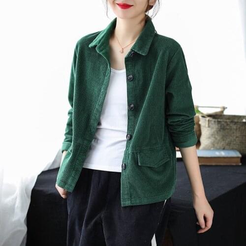 2021 Spring Autumn New Corduroy Long-Sleeved Short Jacket Womens Pure Color Corduroy Coat Femalet Single-Breasted Thin Top L669