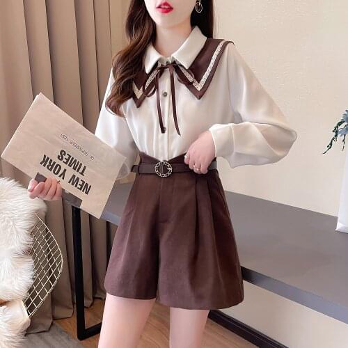 New Arrival Women Two Piece Set 2021 Spring Sweet Single-Breasted Long Sleeve Shirt And High Waist Slim Shorts Suits Female