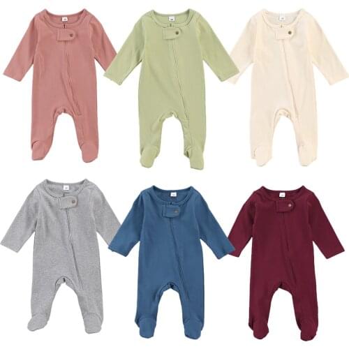 New Solid Color Romper, Infant Long Sleeve Round Neck Zip-up Footed Jumpsuit