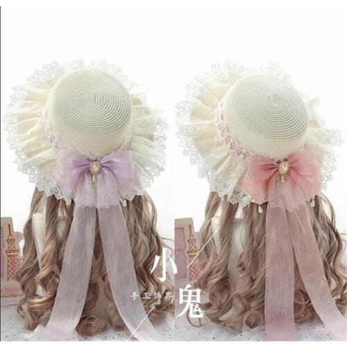 Kawaii Princess Mori Girl Summer Straw Hats Women Beach Sun Hat Japanese Lolita Lace Bow Ribbon Round Flat Top Headwear B582