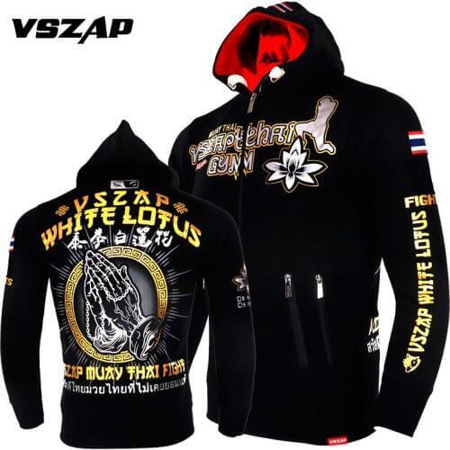 VSZAP Fitness Sweatshirt MUAY THAI Broadcasting Hoodie Muay Thai Fighting Fitness Lotus Printed MMA Zipper Jacket