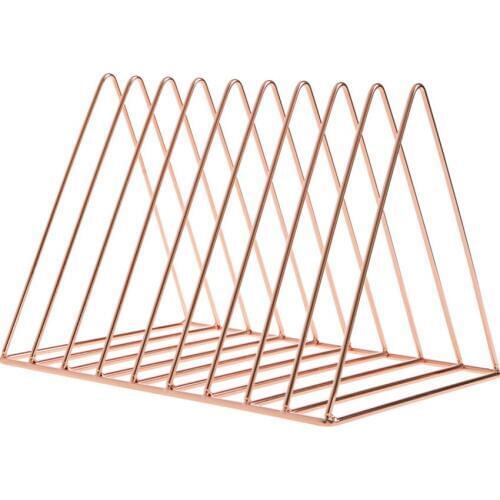 Nordic Wrought Iron Triangular Book Organizer, 9 Sections Book Magazines Holder Storage Rack Bookend Decoration- Rose Gold