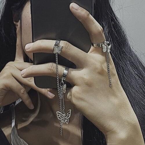 Vintage Harajuku Goth Punk Metal Butterfly Open Adjustable Taeesl Chain Ring For Cool Women Egirl Street Hip Hop Jewelry Gifts
