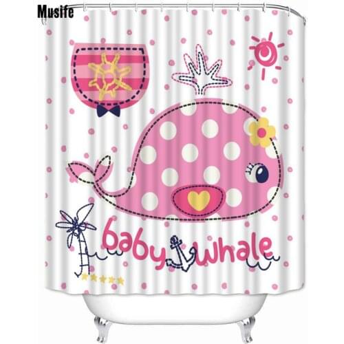 Musife Custom High Quality Cartoon Whale Shower Curtain Waterproof Bathroom Polyester Fabric Bathroom Curtain