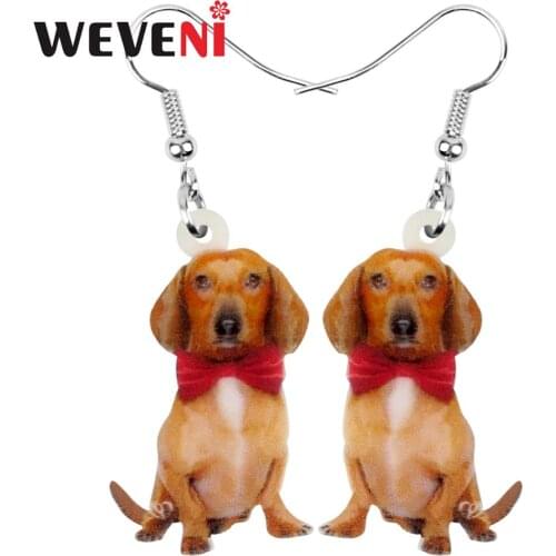 WEVENI Acrylic Valentines Day Bow-knot Dachshund Dog Earrings Animal Drop Dangle Jewelry For Women Girls Teen Lovers Charm Gift