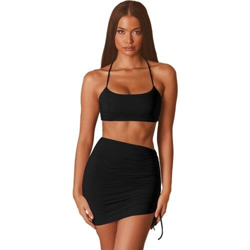 XLLAIS Knitting Black Party Club Dresses Women Sexy Bandage Backless Crop Tops Elastic Waist Soft Mini Skirt Matching Outfits