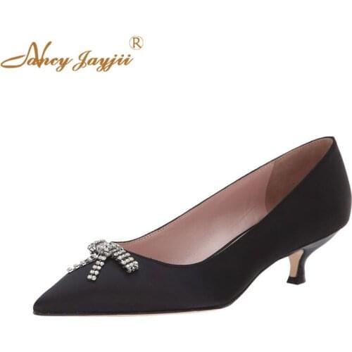 Women Shoes Ladies Female Pumps Black Solid Satin Crystal Butterfly-kt Basic Sweet Med thin heels Slip-On Pointed Toe Brand
