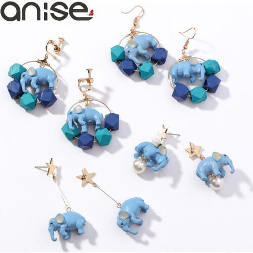 Anise Classic Blue Elephant Star Drop Earrings Woman Unique Wood Geometric Animal Dangle Earring Girl Exaggerated Ethnic Jewelry