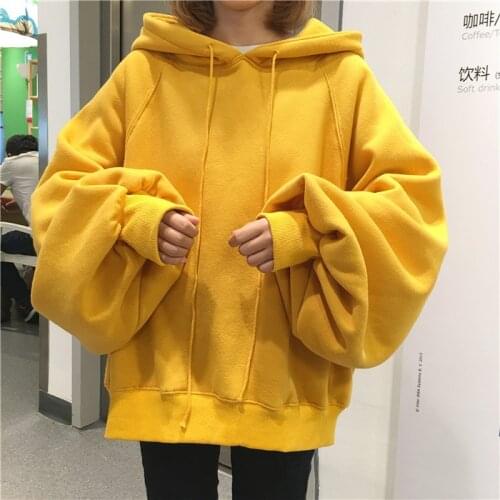 Womens Yellow Hoodies Sweatshirts Long Lantern Sleeve Oversized Tracksuits Plus Size Hooded Pullovers Tops Sweat Femme
