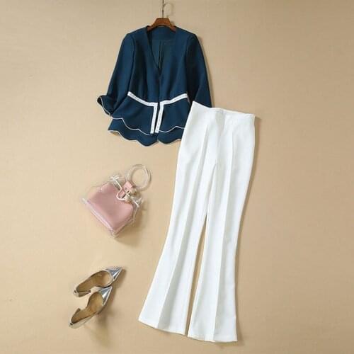 QUALITY New HIGH 2021 Designer Runway Suit Set Womens Elegant Blue Deep V-neck 3/4 Sleeve Ruffle Top And White Flare Pants Set