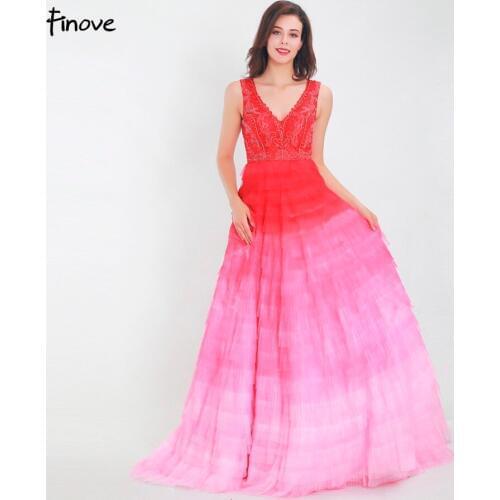 Finove Evening Dress Long 2020 In Women'Dresses New Chic Gradient Color Tiered Skirt Tulle Beaded Sexy V Neck robe de soiree