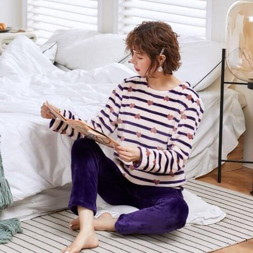 Winter 2021 New Pyjamas Women Cute Sleepwear Home Clothes Flannel Cartoon Nightwear 2 Piece Pajamas Set Mujer Lounge Wear Pijama