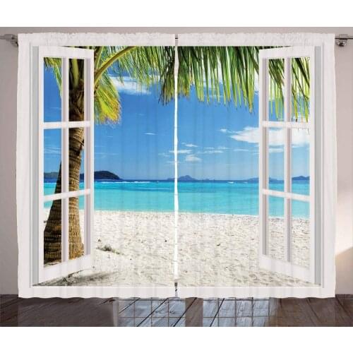 Turquoise Curtains Tropical Palm Trees on Island Ocean Beach Through White Wooden Windows Living Room Bedroom Window Drapes Blue