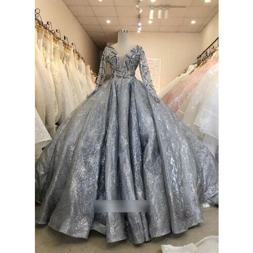 Sparkly Beaded Ball Gown Prom Dresses V Neck Long Sleeve Sequined Evening Gowns Sweep Train Formal Dress Robes De Custom Made