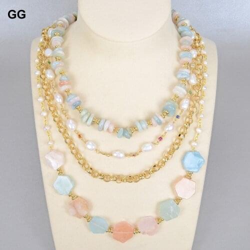 GuaiGuai Jewelry Natural Cultured White Baroque Pearl Aquamarine Morganite Colorful CZ Chain Necklace For Women