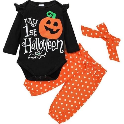 Halloween Toddler Clothes Sets Newborn Baby Romper + Pant + Headband 3pcs Girls Fall Outfit Trick Or Treat Kids Children