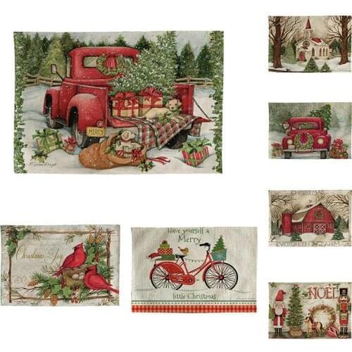 Red Truck Christmas Tree Kitchen Placemat Coaster Dining Table Mats Cotton Linen Pad Bowl Cup Mat 42*32cm Home DecorCD05