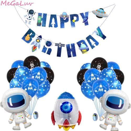 Boy Kids Happy Birthday Astronaut Ballon UFO Rocket Foil Balloons Outer Space Theme Party Banner Garland Flag Decor Favors