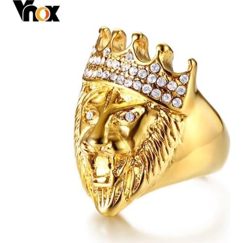 Vnox Punk Mens Lion Head Ring Gold Tone Stainless Steel Rings for Man Bling Rhinestone Hiphop Male Boy Jewelry