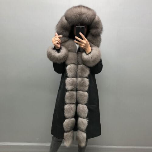 Womens winter fox fur parka long coat real fox fur fur collar hooded fur coat, real rabbit fur lining winter warm jacket