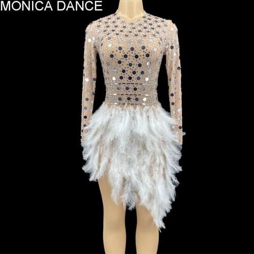 Sexy Stage Bright Silver Sequins Rhinestones Feather Dress Long Sleeves Dress Stretch Transparent Evening Celebrate Costume